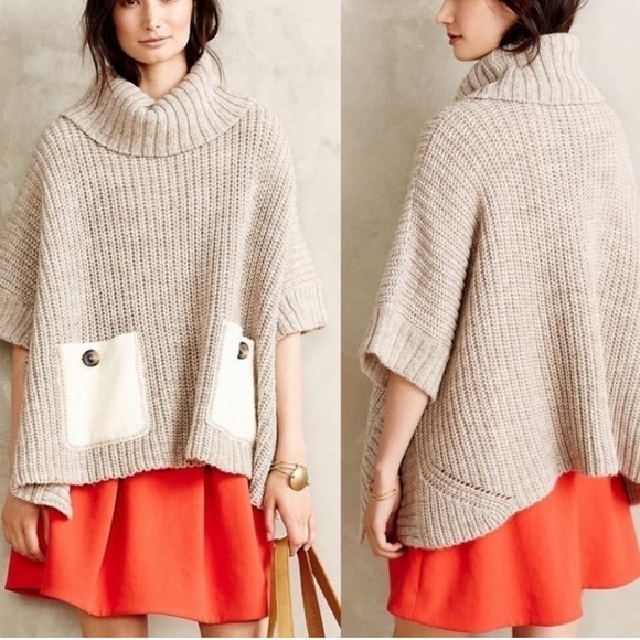 Moth Westwind Wool Alpaca Oatmeal Knit Poncho Sweaters with Pockets - Picture 7 of 15